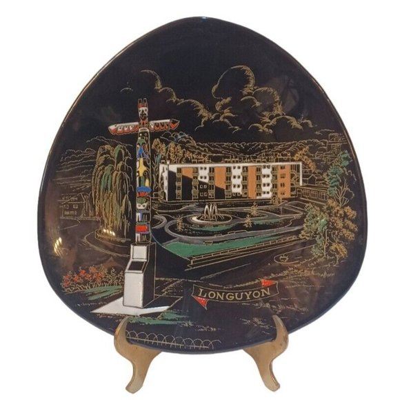 Longwy France Le Totem Automne Enamel Plate Triangular Black Ceramic Wall Decor - Picture 1 of 7